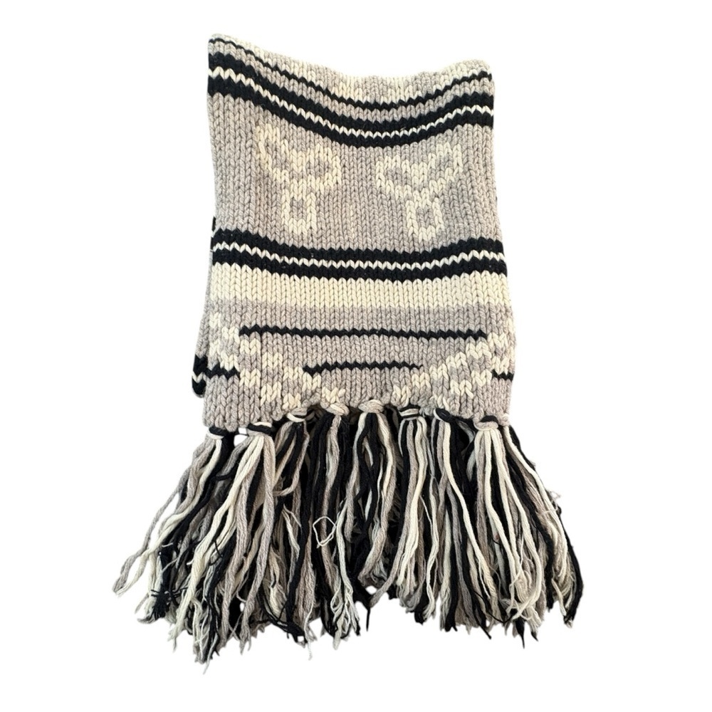 TNA Sea to Sky Scarf Chunky Knit Lambswool Gray Black Ivory Fringe RARE - Picture 4 of 7